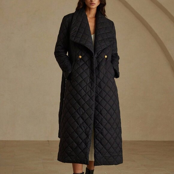 Jackets & Blazers - Black Elegant Women's Mid-Length Belted Padded Coat